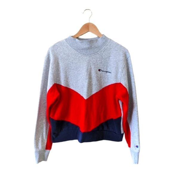 Champion Women's Colorblock Campus Mock Neck Sweatshirt Size L Gray/Red/Blue - Picture 2 of 10